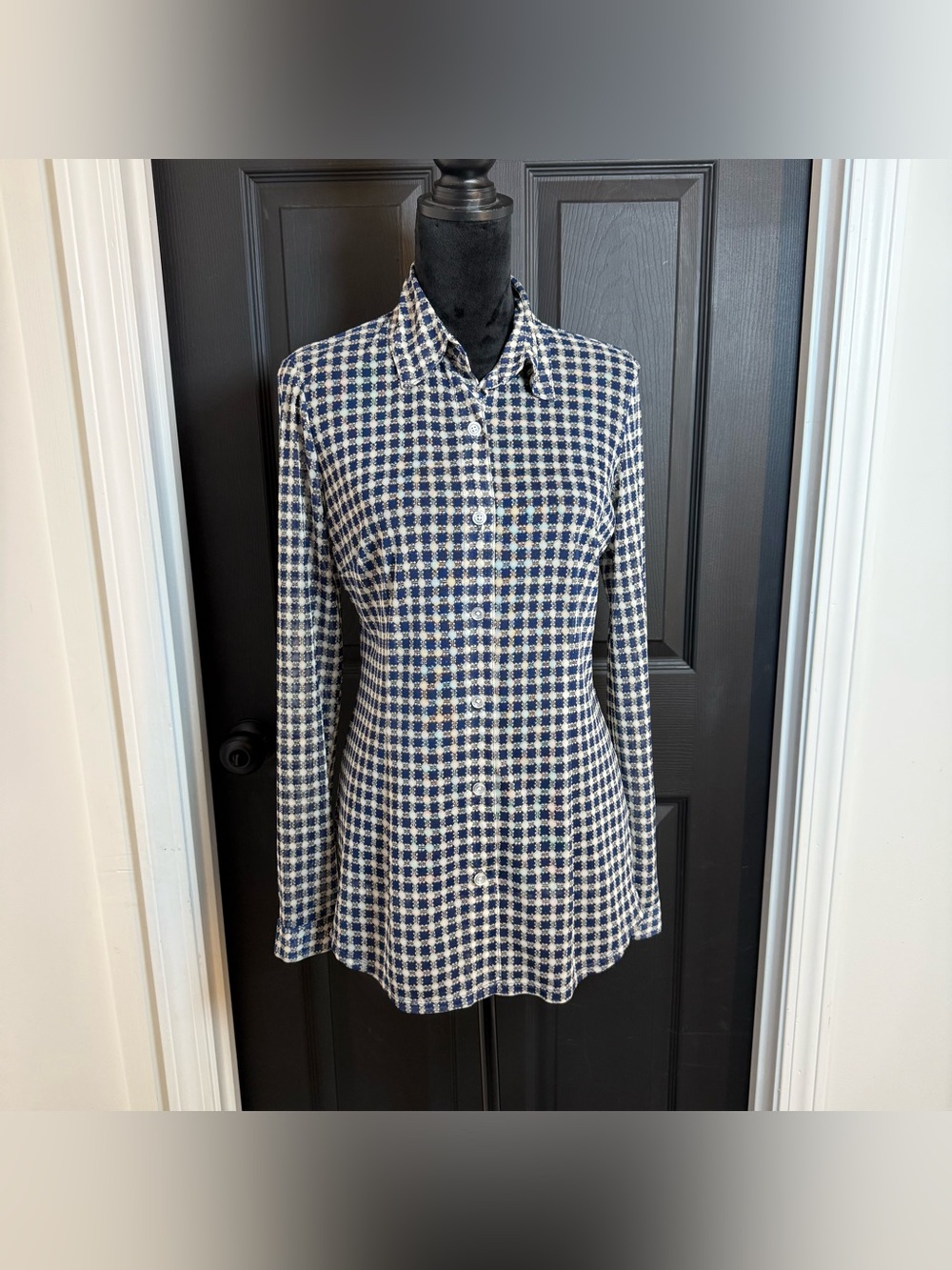 CAbi Navy and Cream Checked Long-Sleeve Button Front Top